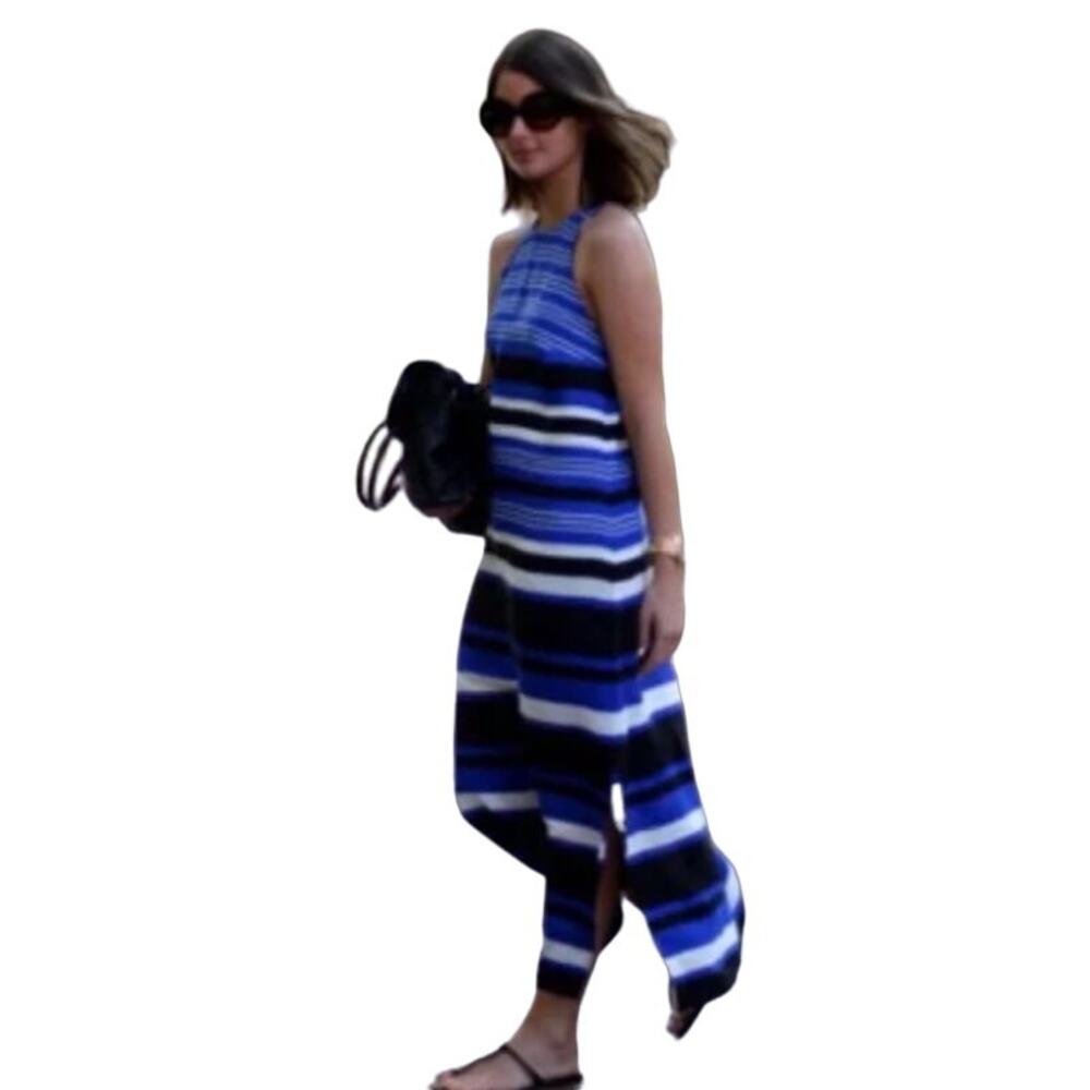 Zara Basic Womens Nautical Striped Halter Maxi Dress Pockets Blue Size Small